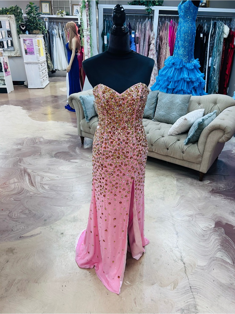 Strapless Pink Beaded Prom Dress